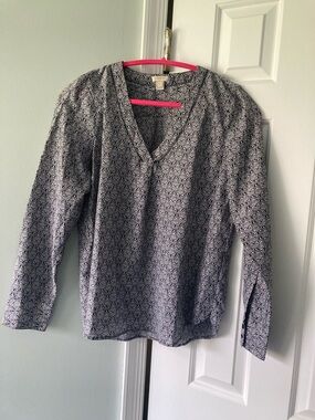 J. Crew Navy and White Printed V-Neck Blouse